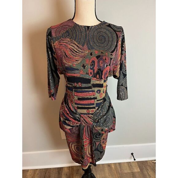 janine Dresses & Skirts - Made In Italy Janine Metallic Textured Retro Cocktail Midi Dress Bow Detail PS